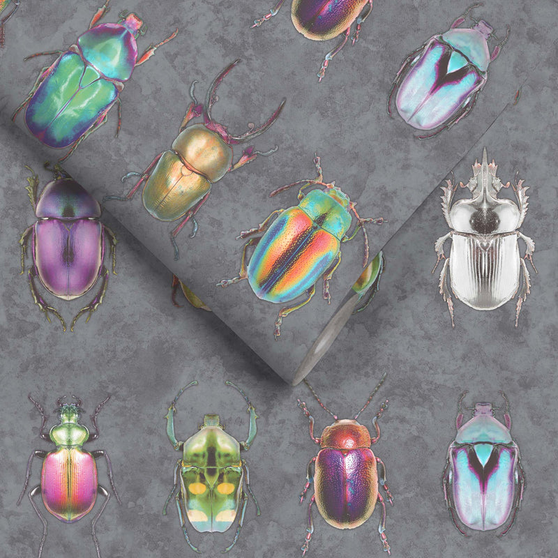Beetle Jewels Multi Charcoal Wallpaper