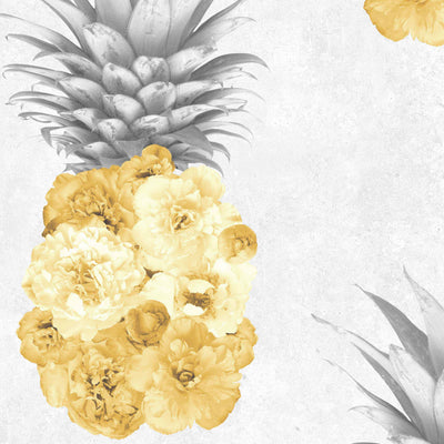 Ludic Floral Pineapple Feature Wallpaper in Grey and Yellow