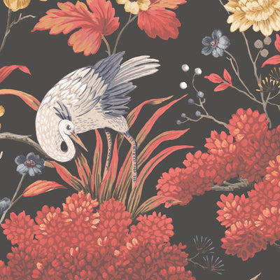 Crane Bird in Japanese Red Wallpaper By Woodchip & Magnolia