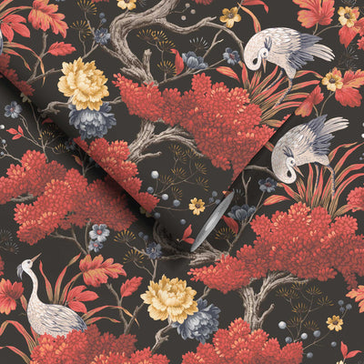 Crane Bird Japanese Red Wallpaper