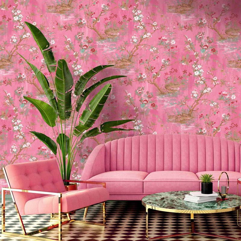 Rivington Chinoiserie Botanical Pink Wallpaper