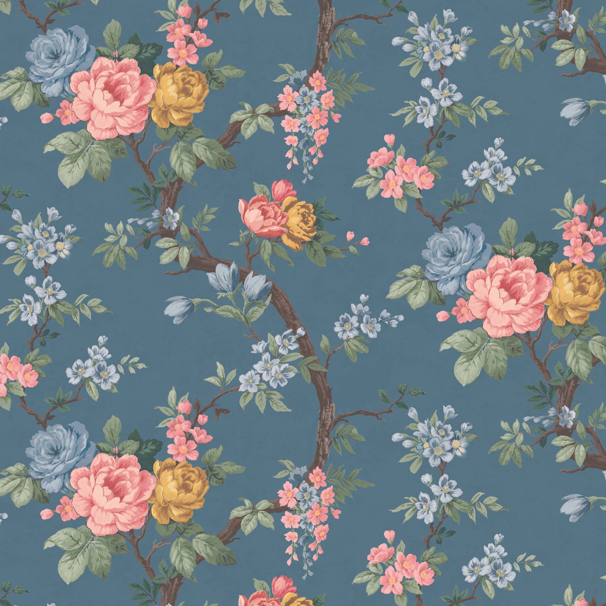 English Vintage Flower Wallpaper Kate Vintage Flower Golden Frame Blue