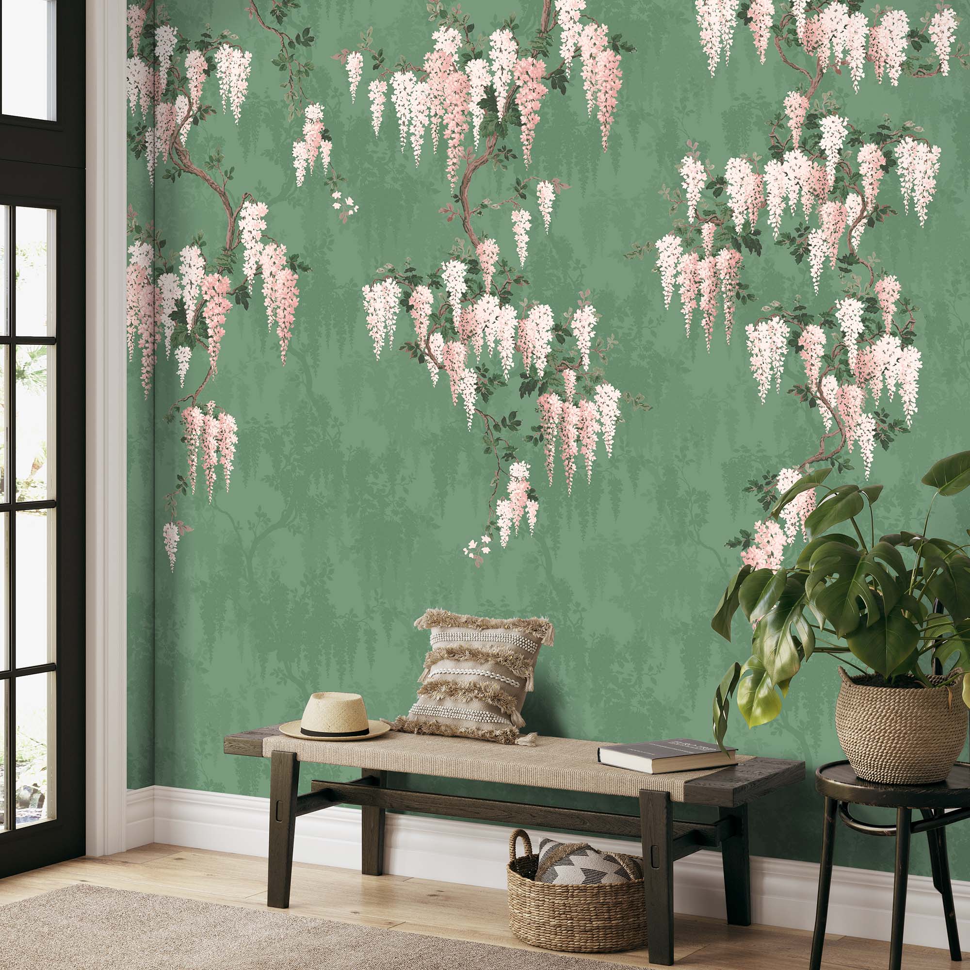 Wisteria Botanical Green Wall Mural Wallpaper Pink Bright Floral &  Botanical Chinoiserie & Oriental Vintage Period Wallpaper by Woodchip &  Magnolia