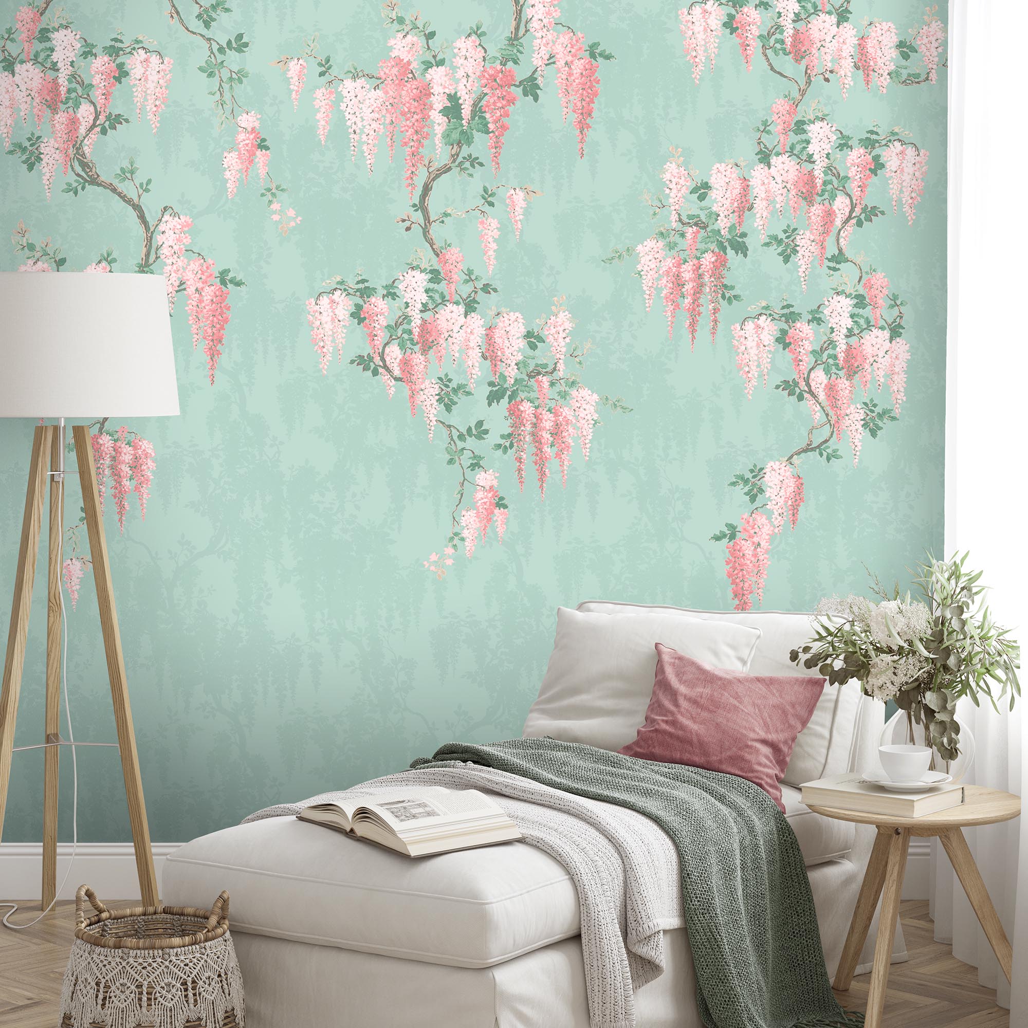 Wisteria Botanical Mint Mural – Floral Oriental Wall Mural, Paste-the ...