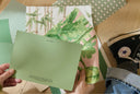 A person holds a sage green paint sample card in front of several patterned paper sheets, including green botanical and striped designs, on a wooden floor next to a black Converse sneaker.