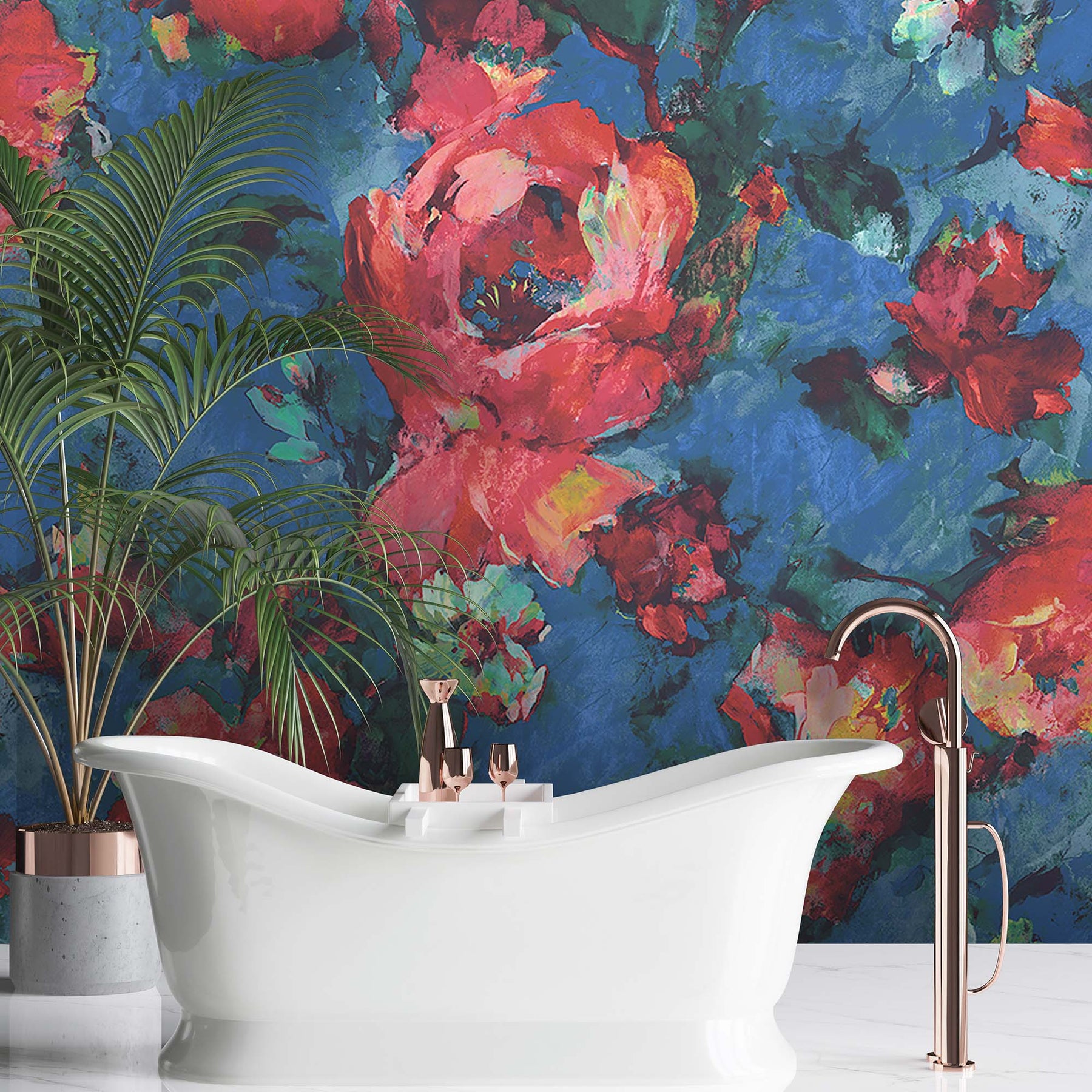 Expressive Floral Ready Made Wall Mural Wallpaper Floral, Blue, Red