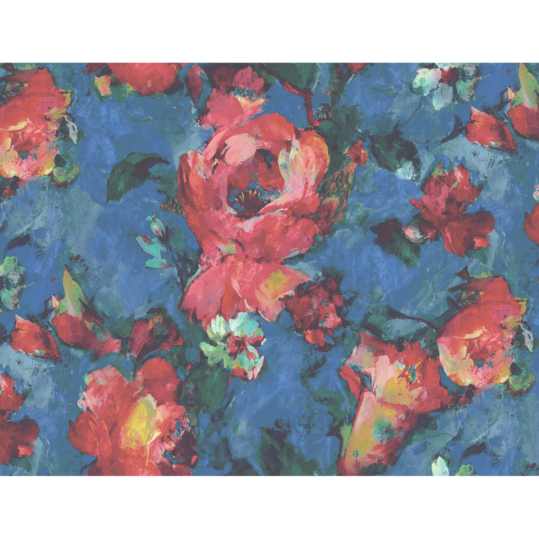 Expressive Floral Ready Made Wall Mural Wallpaper Floral, Blue, Red