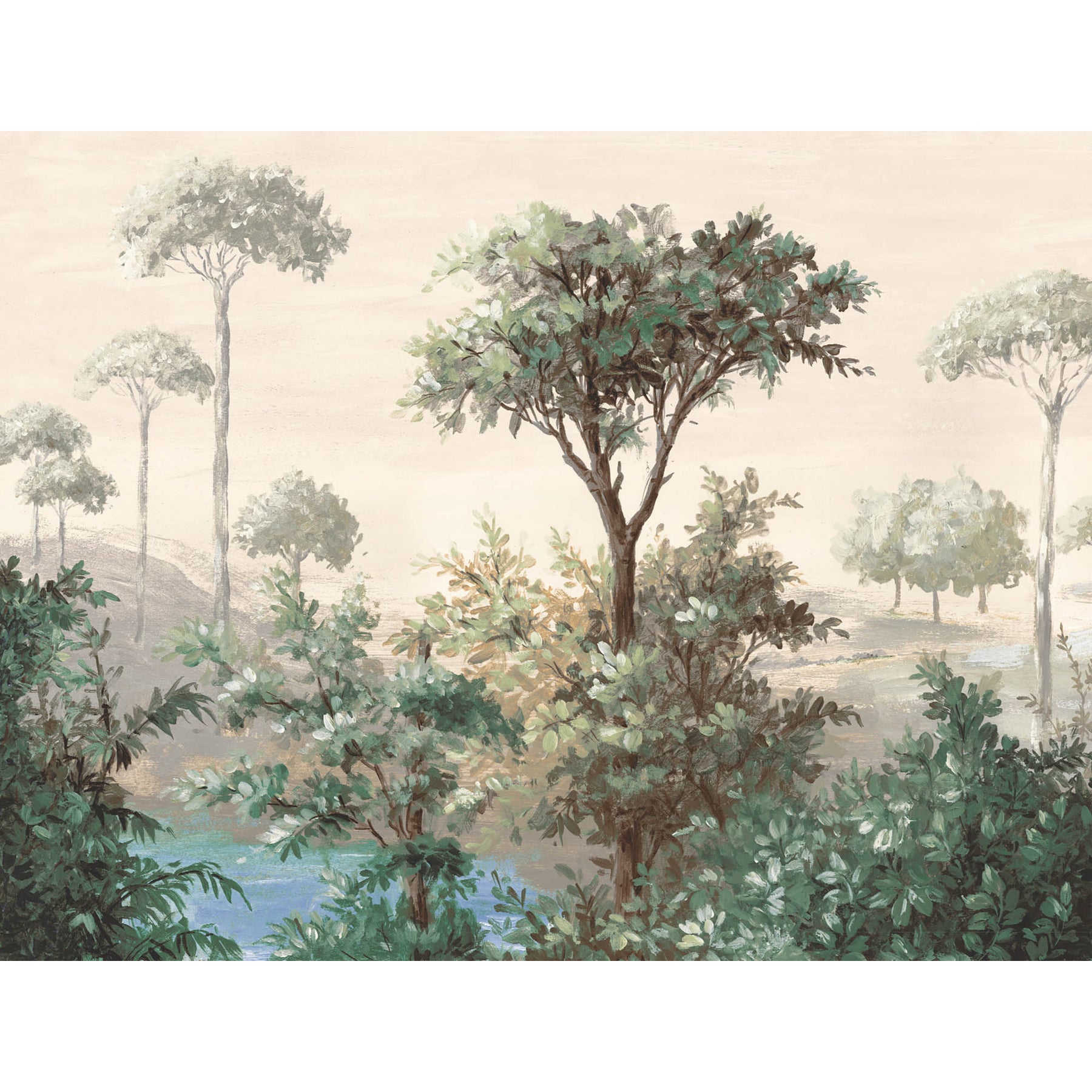 Oasis Natural Ready Made Wall Mural Wallpaper Green, Beige, Blue, Trees