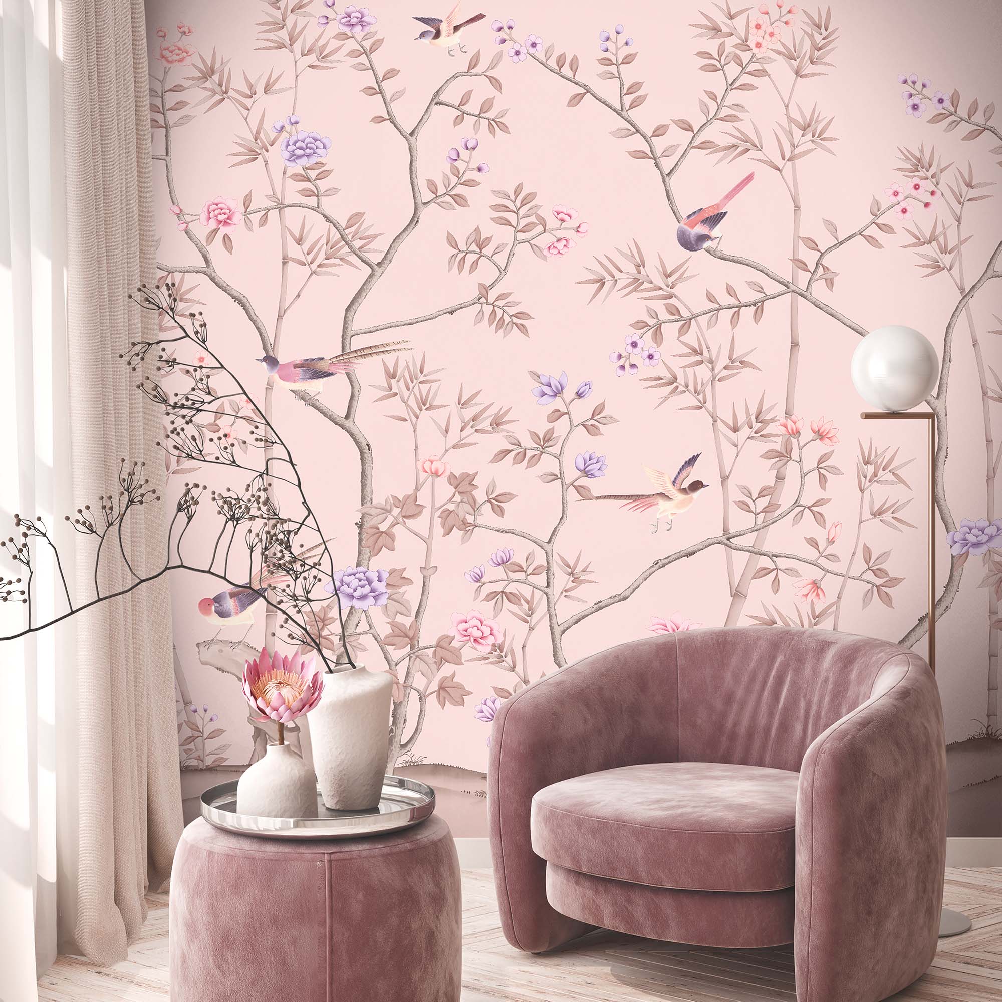 The Garden of Dreams Blush Mural – Chinoiserie Botanical Wall Mural ...