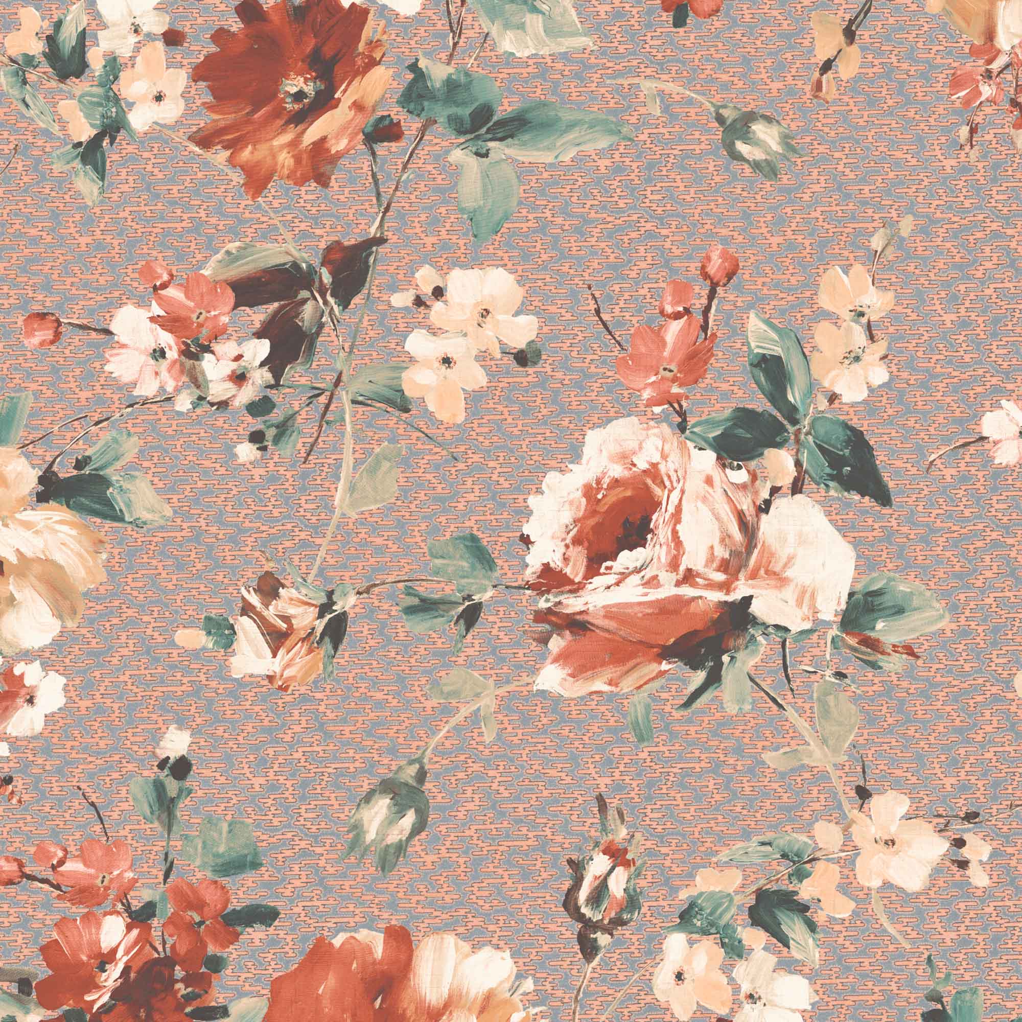 Lancashire Rose Copper Wallpaper Floral, Botanical, Red, Pink, White