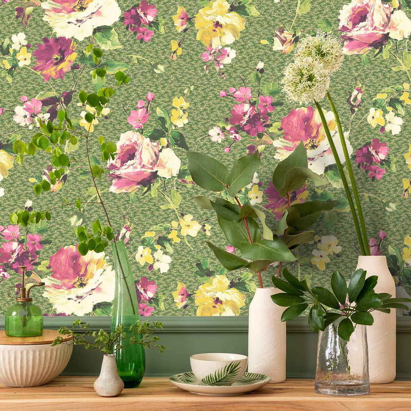 Lancashire Rose Olive Green Wallpaper