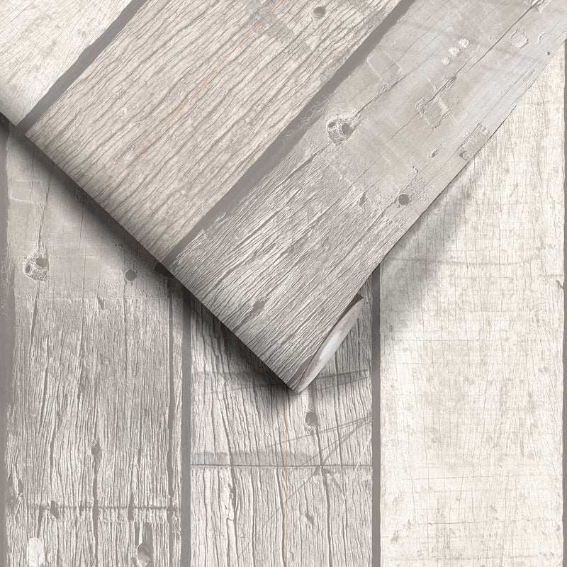 Driftwood Plank Cottage White Wallpaper