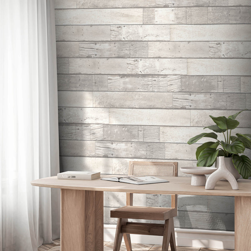 Driftwood Plank Cottage White Wallpaper