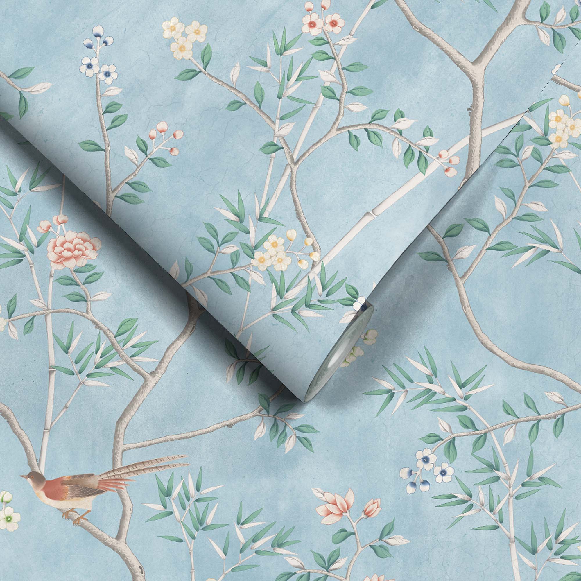Onism Sky Blue Wallpaper – Chinoiserie Botanical Mural, Paste-the