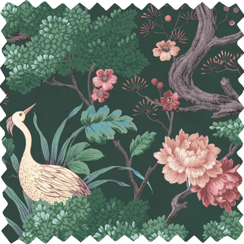 Crane Bird Forest Green Linen Fabric