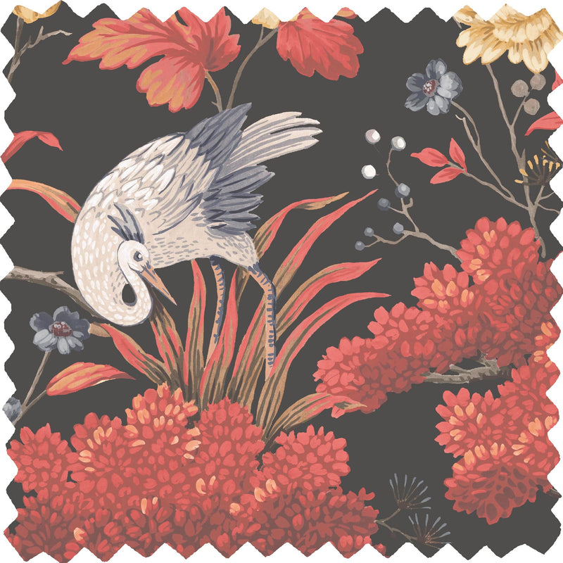 Crane Bird Japanese Red Linen Fabric