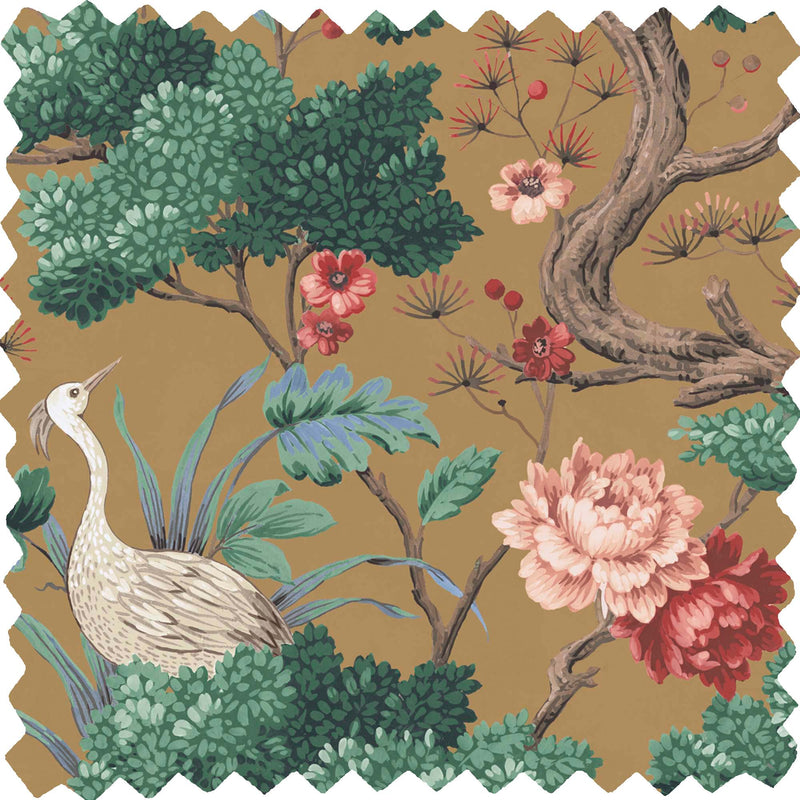 Crane Bird Mustard Linen Fabric