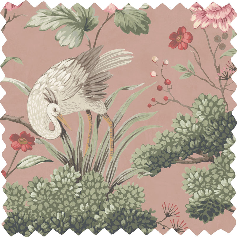 Crane Bird Vintage Pink Velvet Fabric