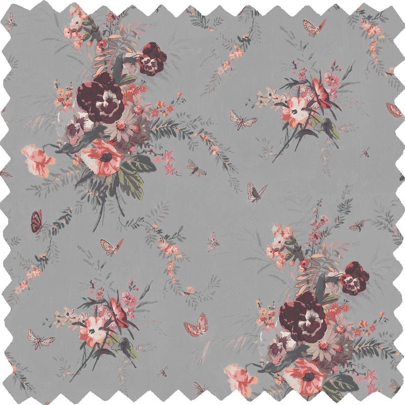 Violas and Butterflies Grey Linen Fabric