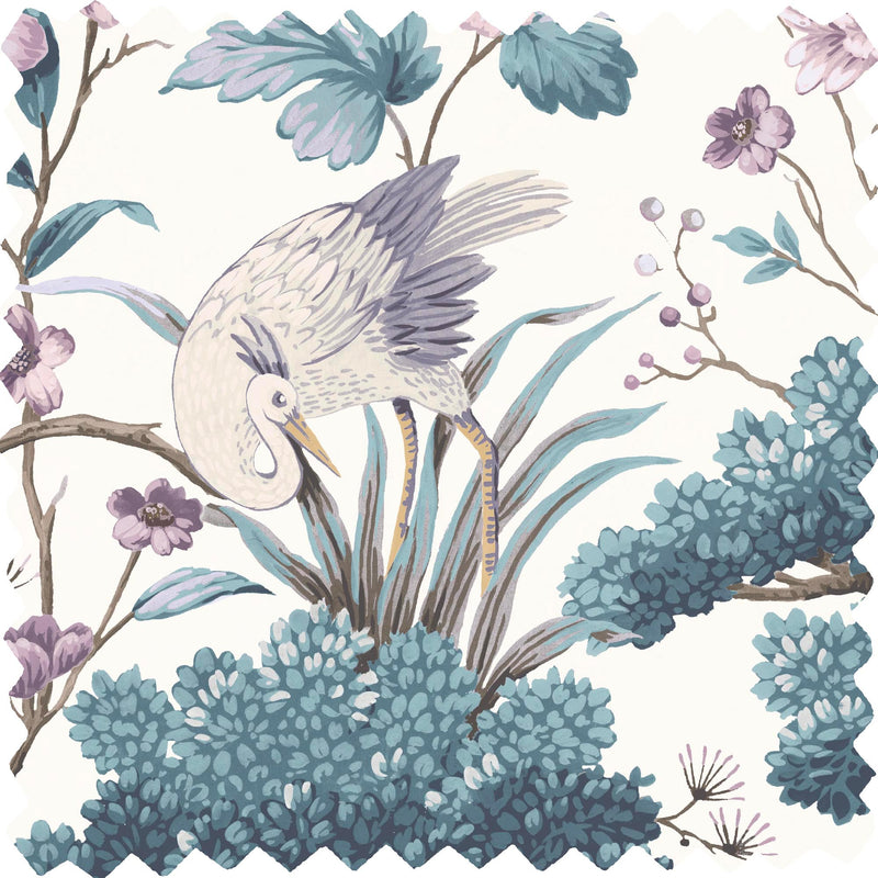 Crane Bird Japanese Blue Linen Fabric