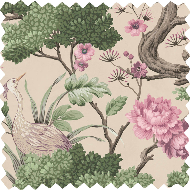 Crane Bird Rose Pink/Cream Linen Fabric