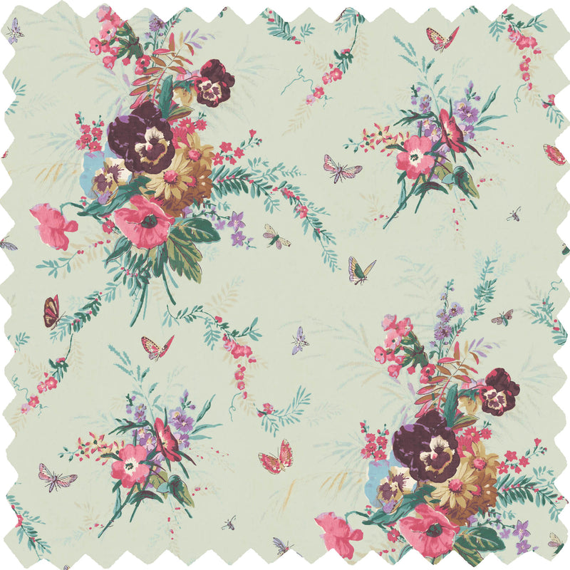 Violas and Butterflies Mint Linen Fabric