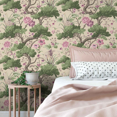 Crane Bird Rose Pink/Cream Wallpaper