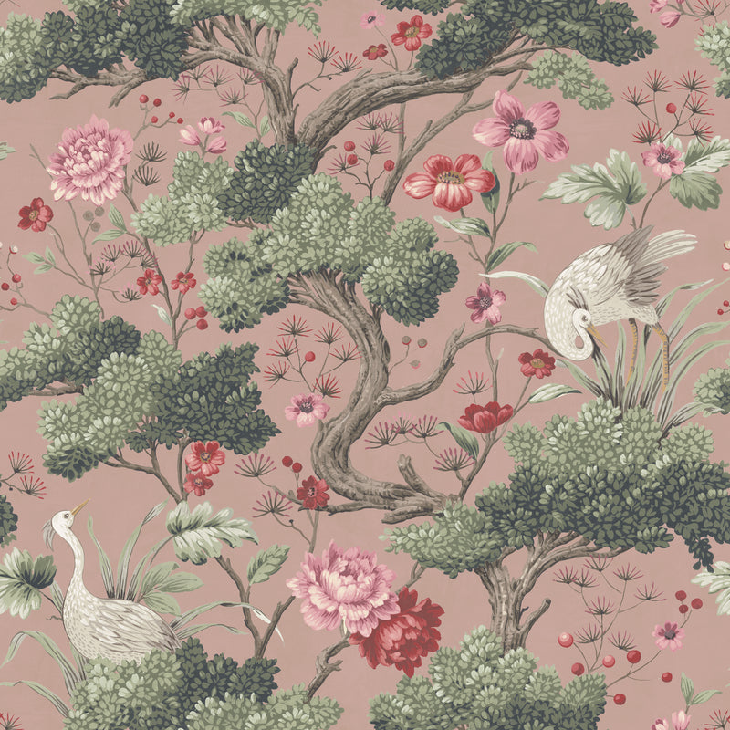 Crane Bird Vintage Pink Wallpaper