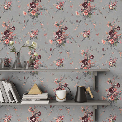 Violas and Butterflies Grey Wallpaper