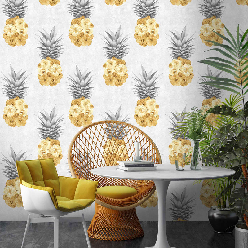 Ludic Floral Pineapple Feature Wallpaper in Grey and Yellow