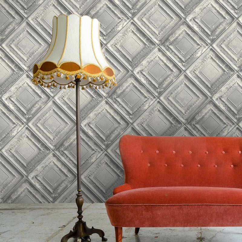 Gramercy Tin Tiles Wallpaper In Grey By Woodchip & Magnolia