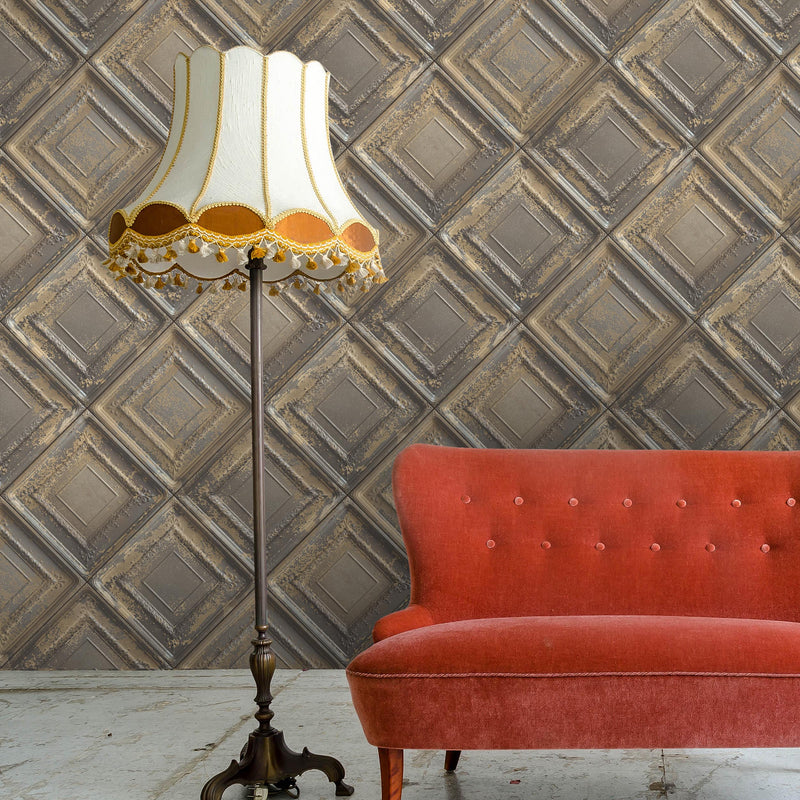 Gramercy Tin Tiles Feature Wall Wallpaper - Tobacco by Woodchip & Magnolia