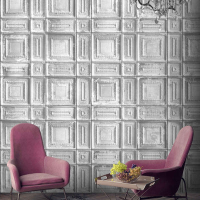 Delancey Tin Tiles Feature Wallpaper In Grey by Woodchip & Magnolia