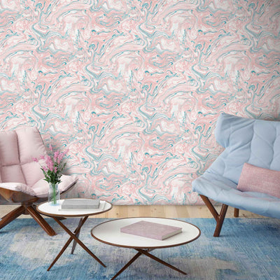Flow Blush & Teal Marbled Effect Wallpaper by Woodchip & Magnolia