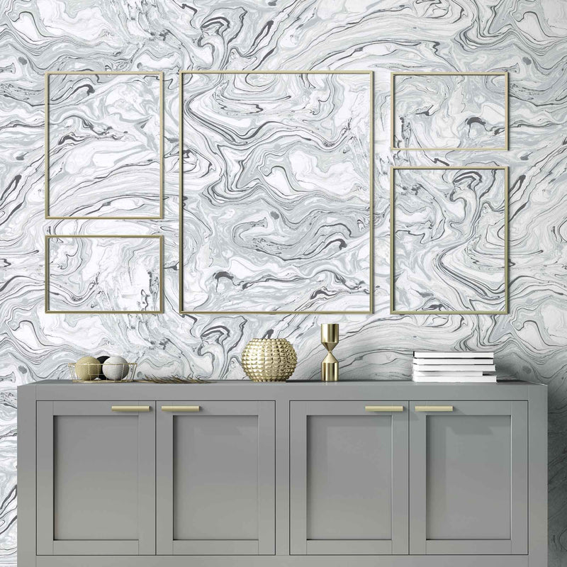 Marble Effect Wallpaper - Flow Mono Grey & Black - Woodchip & Magnolia