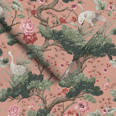 Crane Bird Vintage Pink Wallpaper