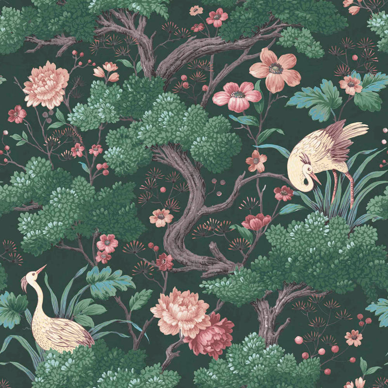 Crane Bird Forest Green Wallpaper