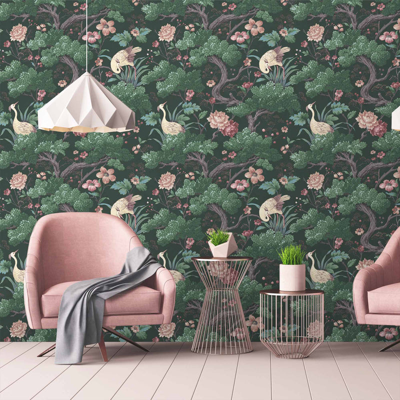 Crane Bird in Forest Green Wallpaper By Woodchip & Magnolia