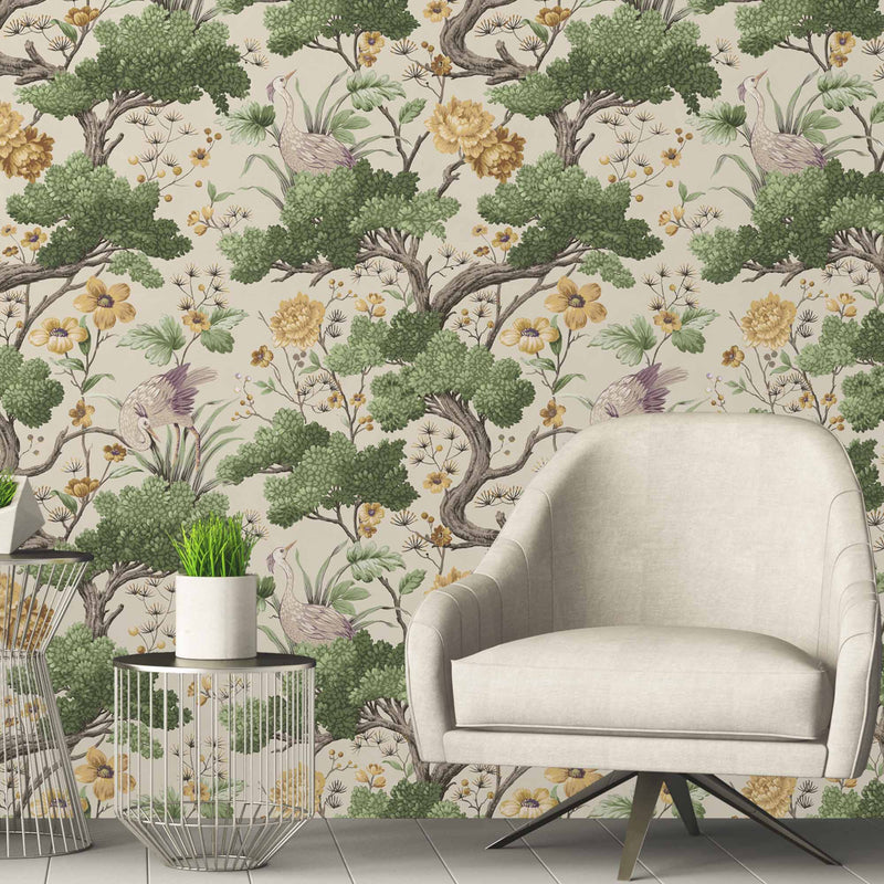 Crane Bird in Buttercup Yellow & Cream Wallpaper By Woodchip & Magnolia