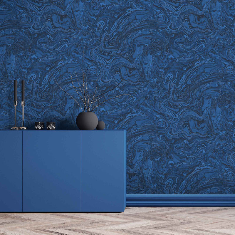 Flow Marbled Deep Ocean Blue Wallpaper By Woodchip & Magnolia