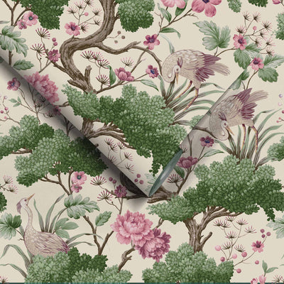 Crane Bird Rose Pink/Cream Wallpaper