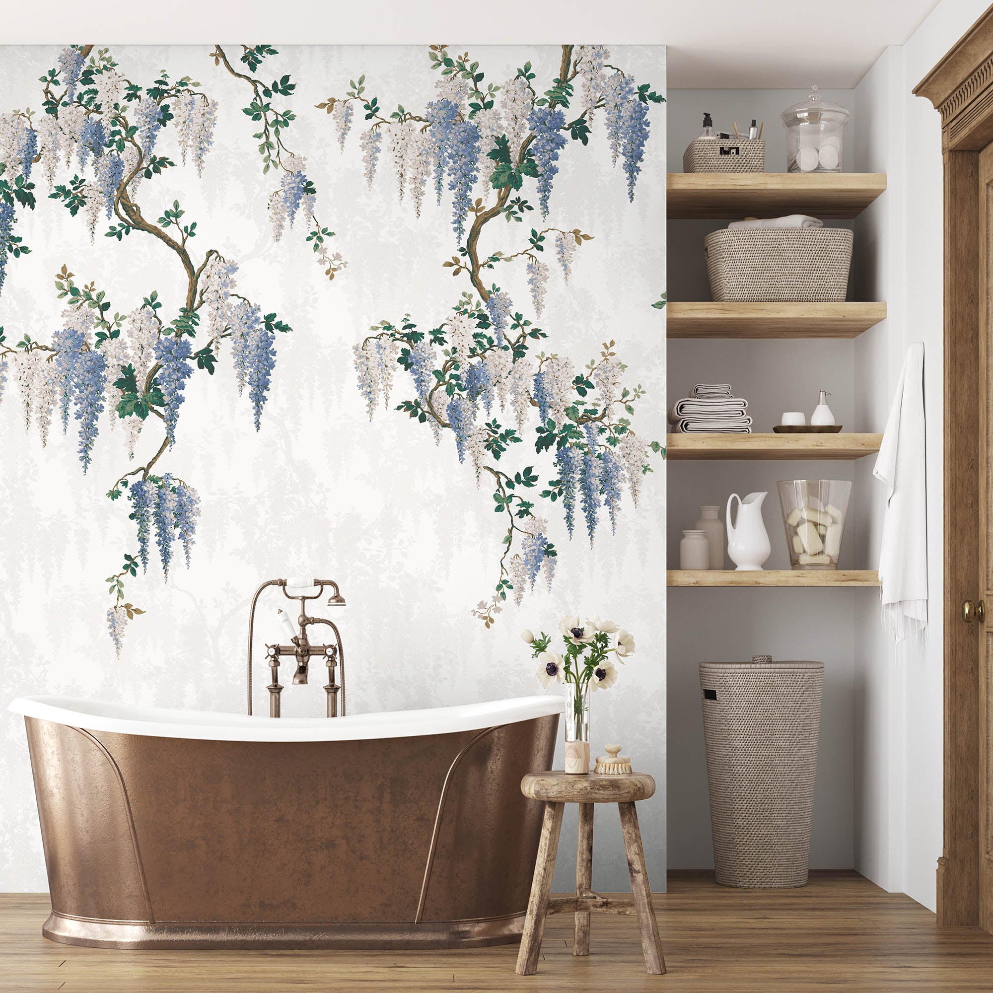 Wisteria Cornflower Mural – Vintage Chinoiserie Floral Wallpaper, Paste ...