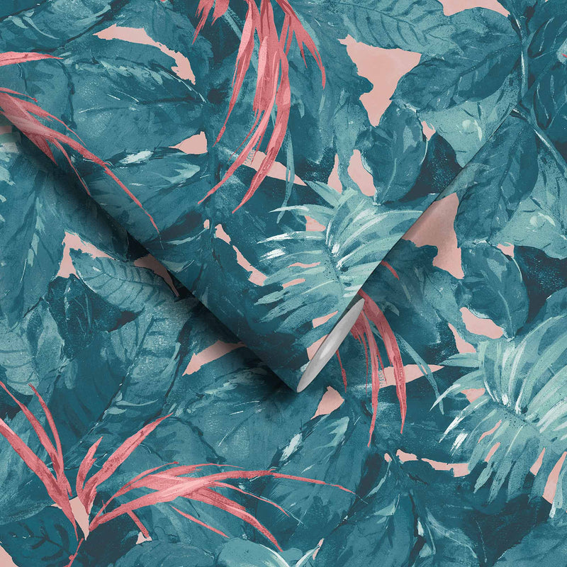 Lush Teal/Coral Wallpaper