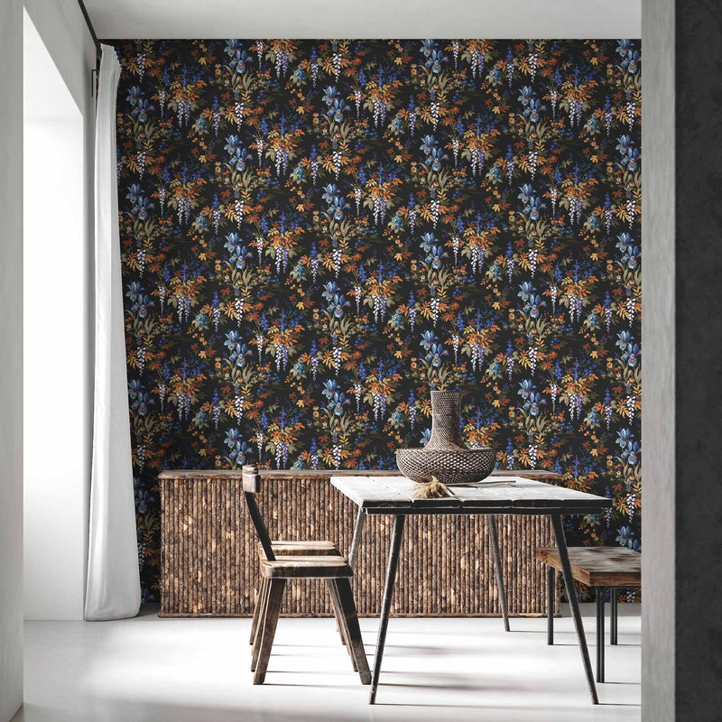 Heista Coal Black Floral Botanical Wallpaper by Woodchip & Magnolia