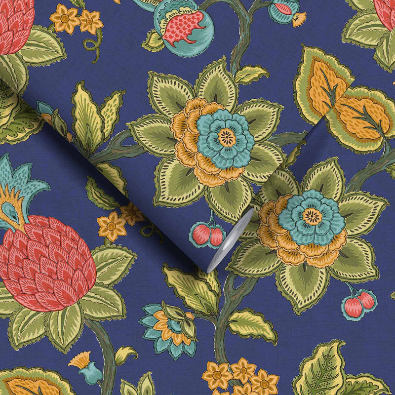 Doris Jacobean Ink Blue Wallpaper