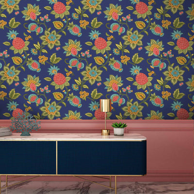 Doris Jacobean Ink Blue Floral Wallpaper By Woodchip & Magnolia 