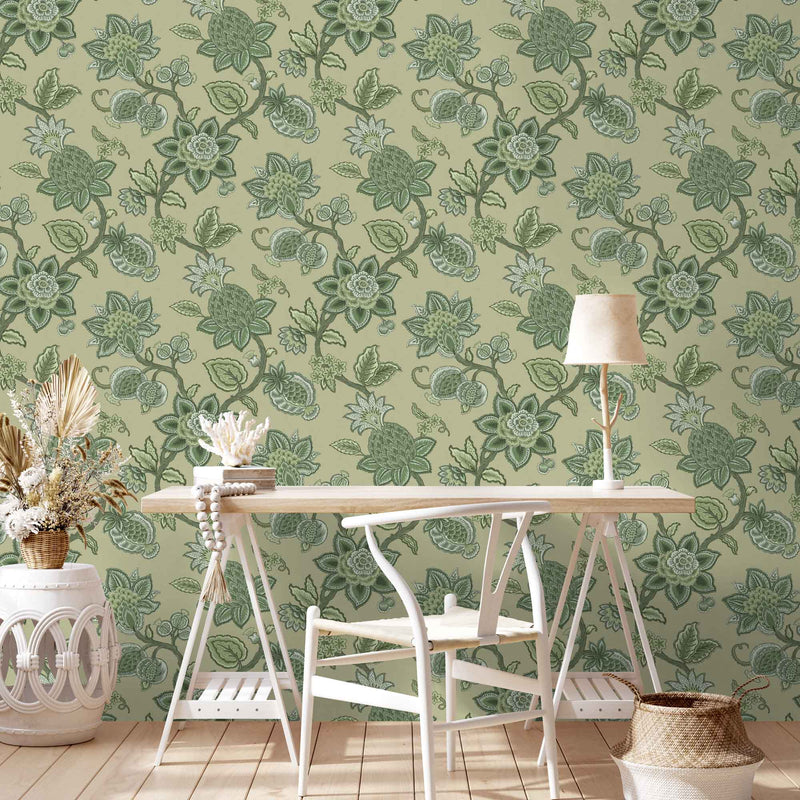 Doris Jacobean Green on Green Wallpaper