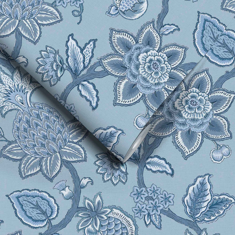 Doris Jacobean Blue on Blue Wallpaper