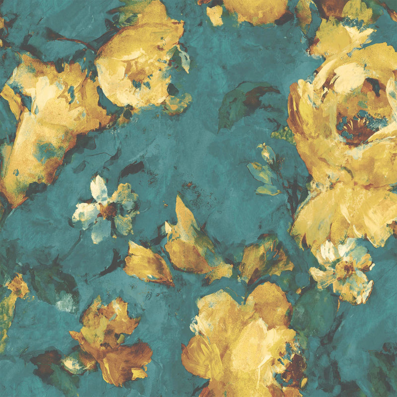 Expressive Floral Teal/Yellow Wallpaper