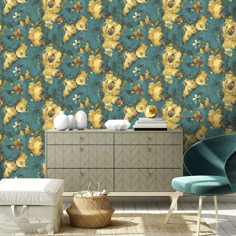 Expressive Floral Teal/Yellow Wallpaper